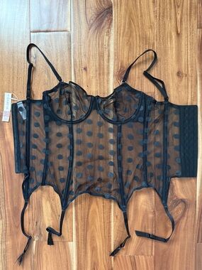Adore Me Sheer Black Polka Dot Corset with Garter Straps